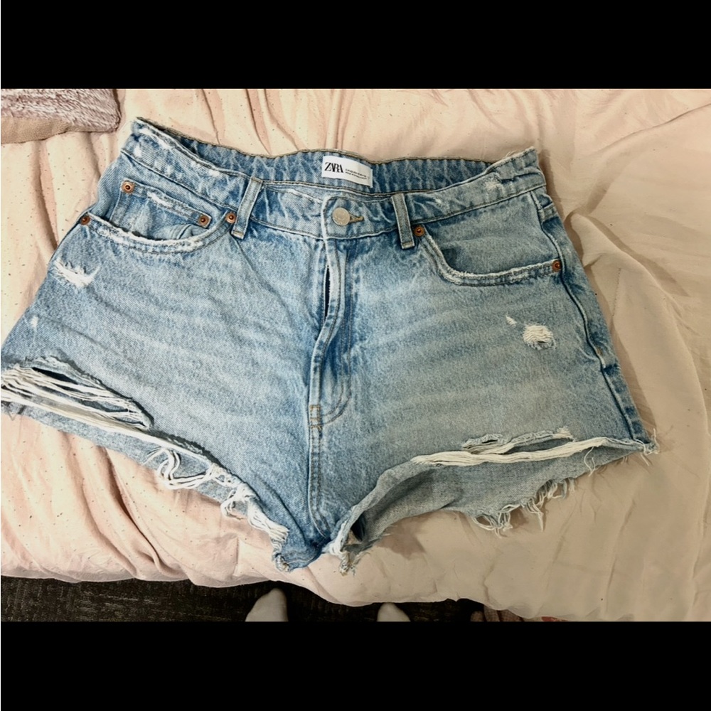 Zara Light Blue Distressed high waisted shorts